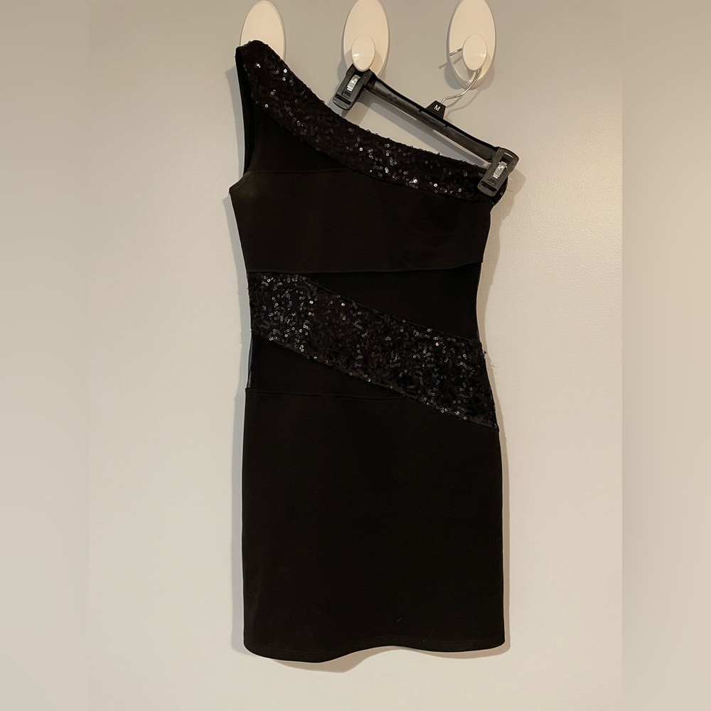 Short black one-shoulder bodycon dress; sequence accent, sheer cutouts on front